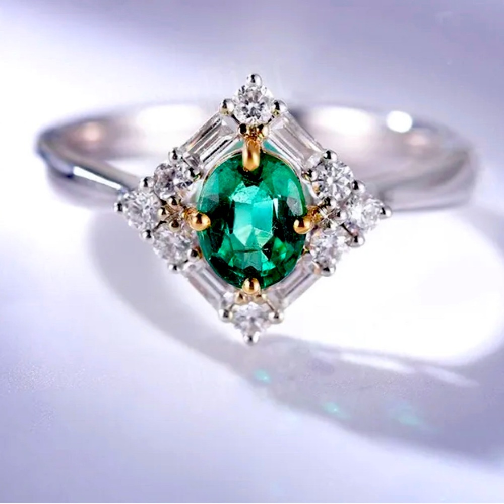 Vintage Look Emerald and Diamond (Lab Created) Ring